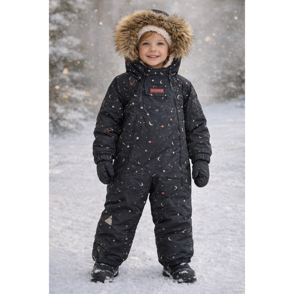 Toastie Tiny Explorer Snowsuit Kids 5-6 Black Celestial Print Faux Fur Hood